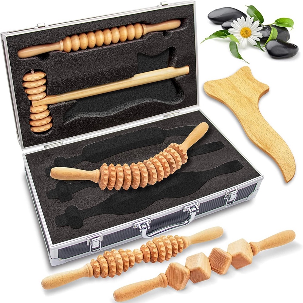 5 Piece Massage Roller Kit Hard Case Wood Therapy Tools.